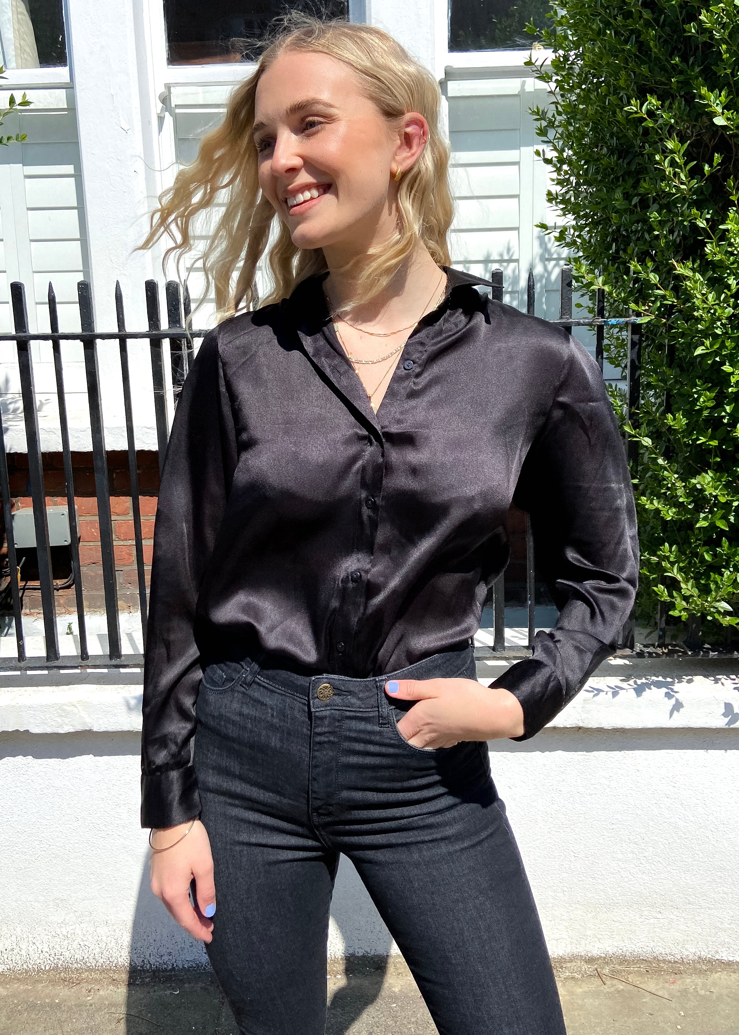 black long sleeve satin top