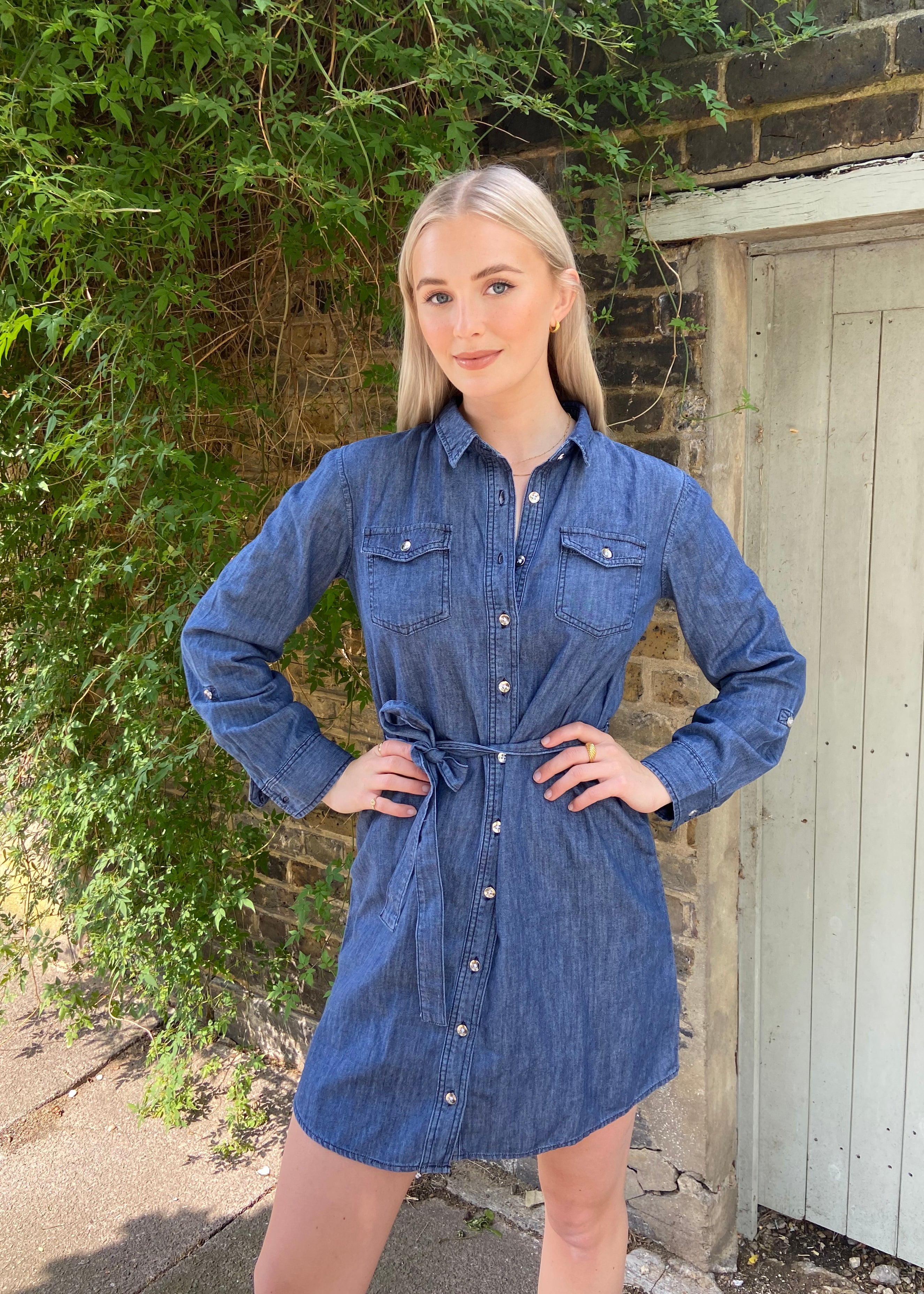 Women Denim Long Dress with Pocket Casual Short Sleeve Button Down Dress  Slim Waist Belt Jean Jacket Deep Blue XXS at Amazon Women's Coats Shop