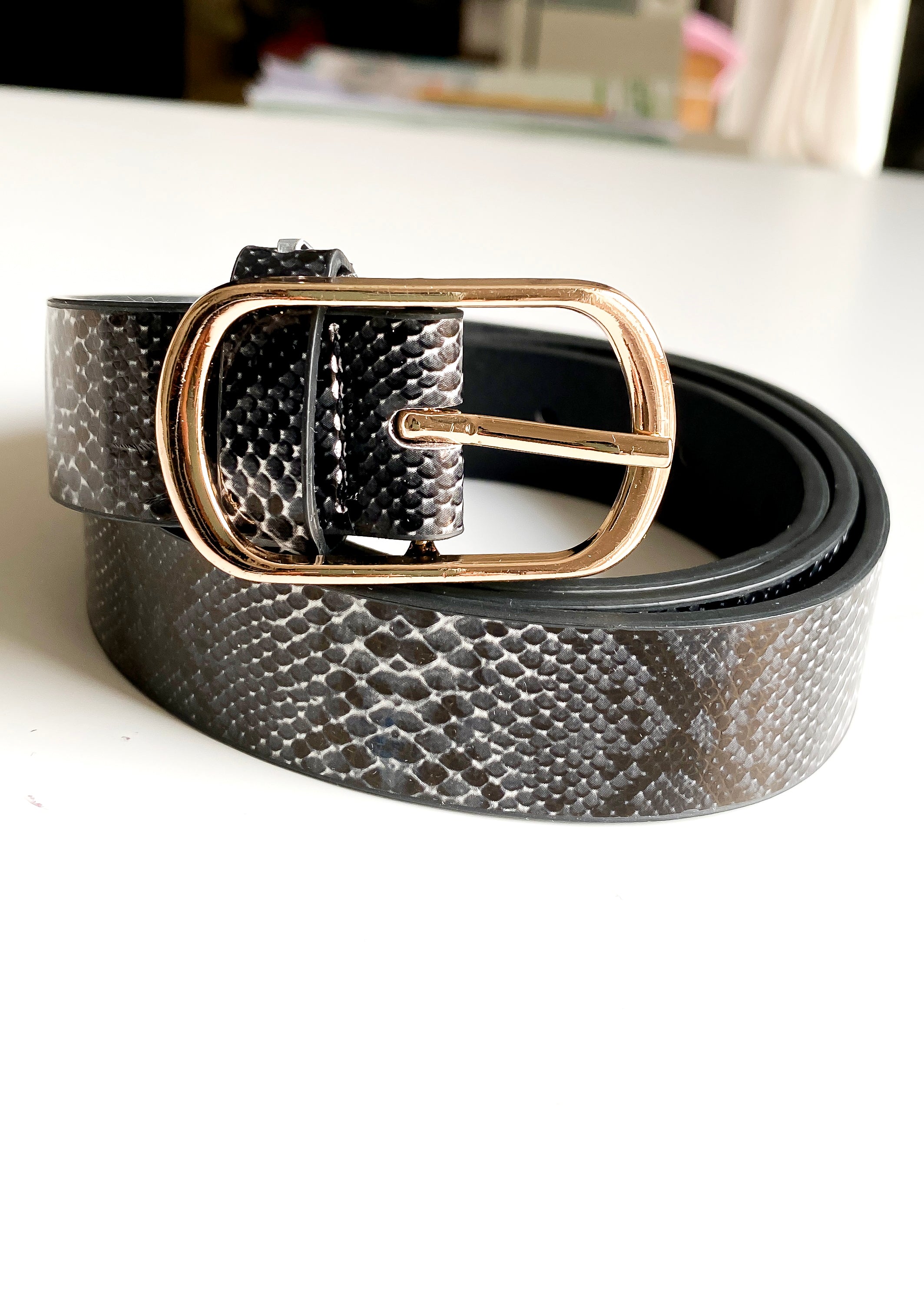 Shop Black White Snakeskin Belt with Gold Buckle for Women FreeSpirits Fashion