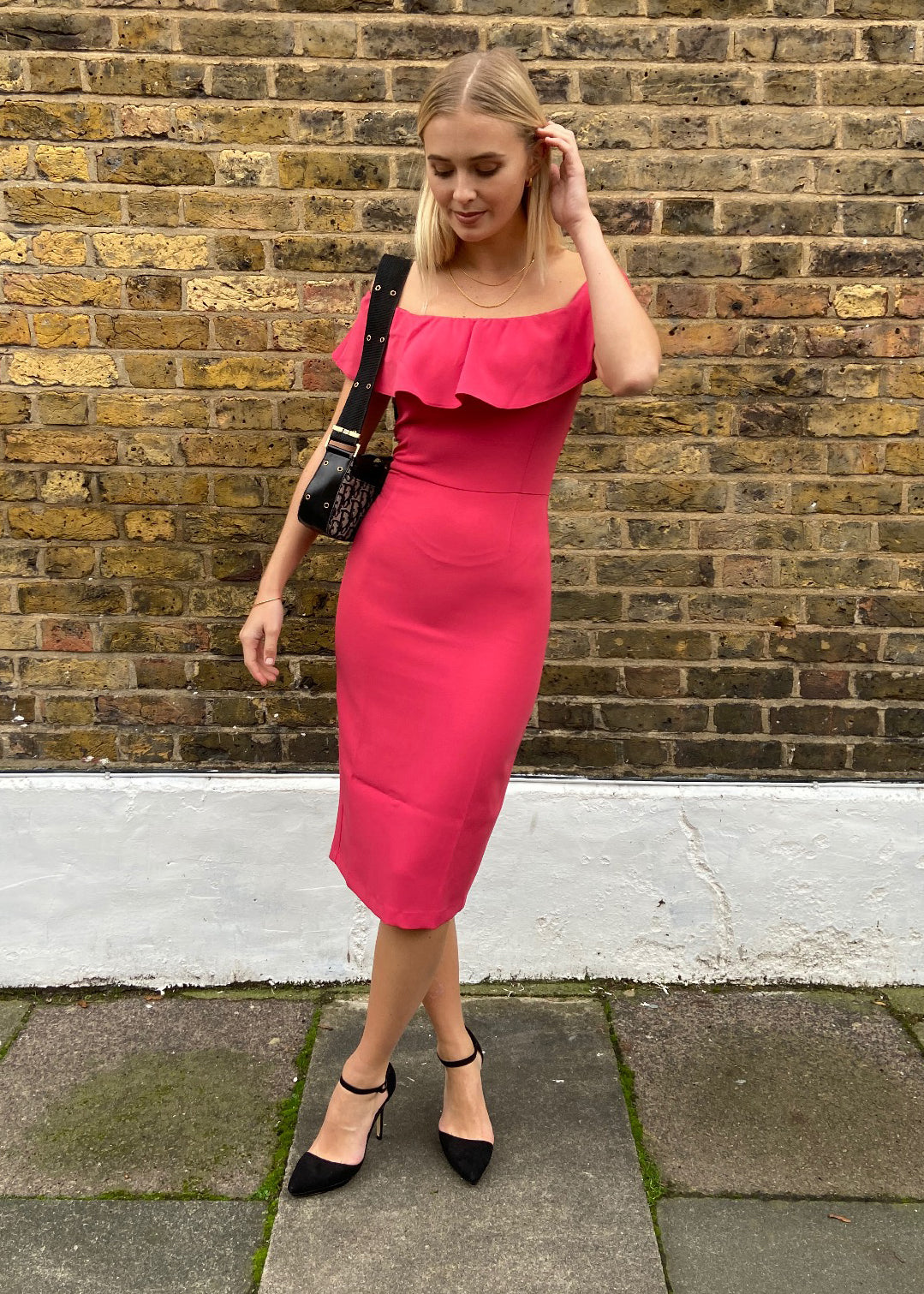 Super Flattering Bodycon Fuchsia Pink Off Shoulder Bardot Midi Dress